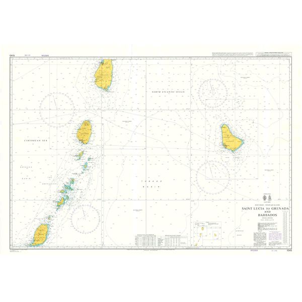 Product image of Admiralty Chart 1043 | Saint Lucia to Grenada and Barbados, featuring navigational markings, depth soundings, and coastal features, essential for safe marine navigation. It could be displayed as an art piece or used for navigation on a boat or ship.