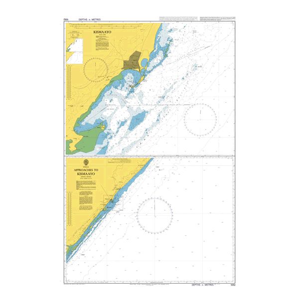 Product image of Admiralty Chart 1052 | Approaches to Kismaayo, featuring navigational markings, depth soundings, and coastal features, essential for safe marine navigation. It could be displayed as an art piece or used for navigation on a boat or ship.