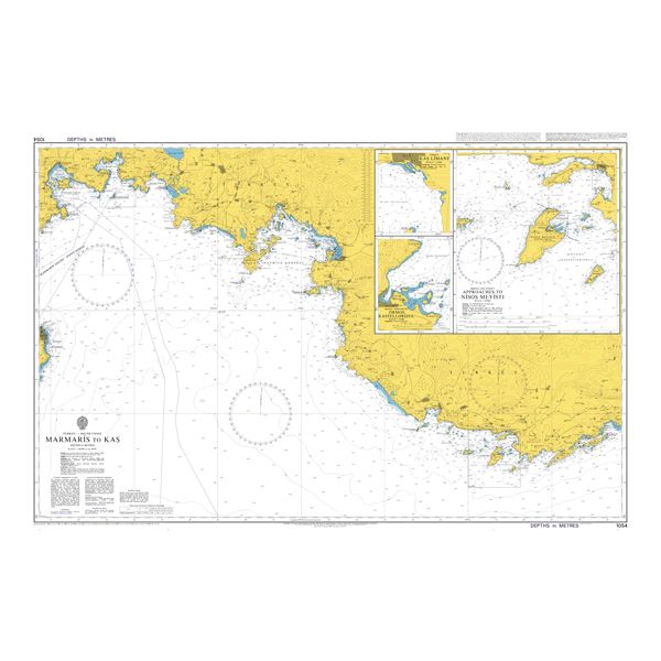 Product image of Admiralty Chart 1054 | Marmaris to Kas, featuring navigational markings, depth soundings, and coastal features, essential for safe marine navigation. It could be displayed as an art piece or used for navigation on a boat or ship.