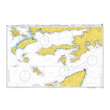 Product image of Admiralty Chart 1055 | Rhodes Channel and Gokova Korfezi, featuring navigational markings, depth soundings, and coastal features, essential for safe marine navigation. It could be displayed as an art piece or used for navigation on a boat or ship.