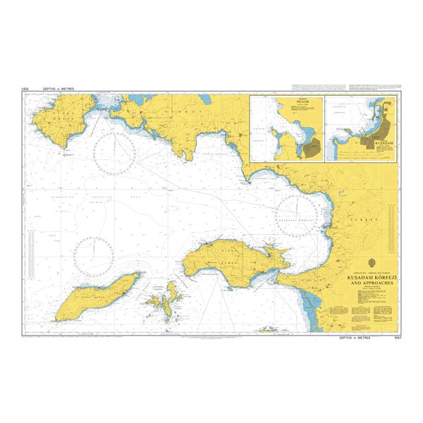 Product image of Admiralty Chart 1057 | Kusadasi Korfezi and Approaches, featuring navigational markings, depth soundings, and coastal features, essential for safe marine navigation. It could be displayed as an art piece or used for navigation on a boat or ship.