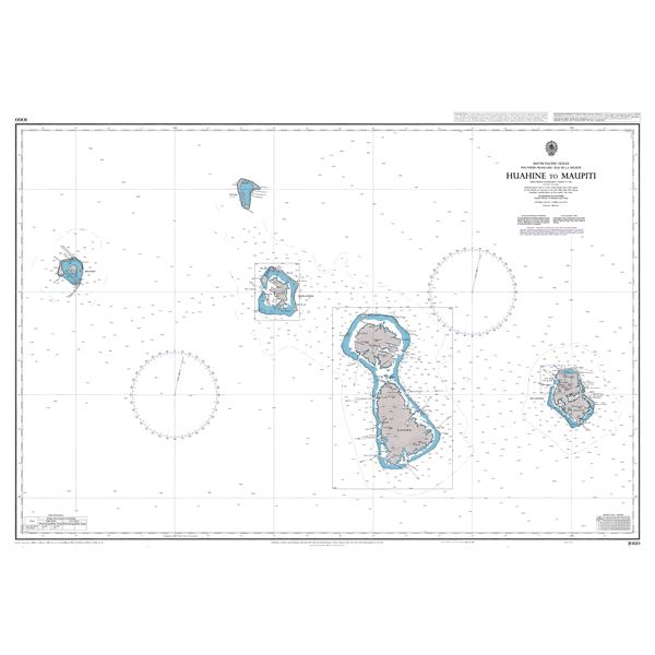 Product image of Admiralty Chart 1060 | Huahine to Maupiti, featuring navigational markings, depth soundings, and coastal features, essential for safe marine navigation. It could be displayed as an art piece or used for navigation on a boat or ship.