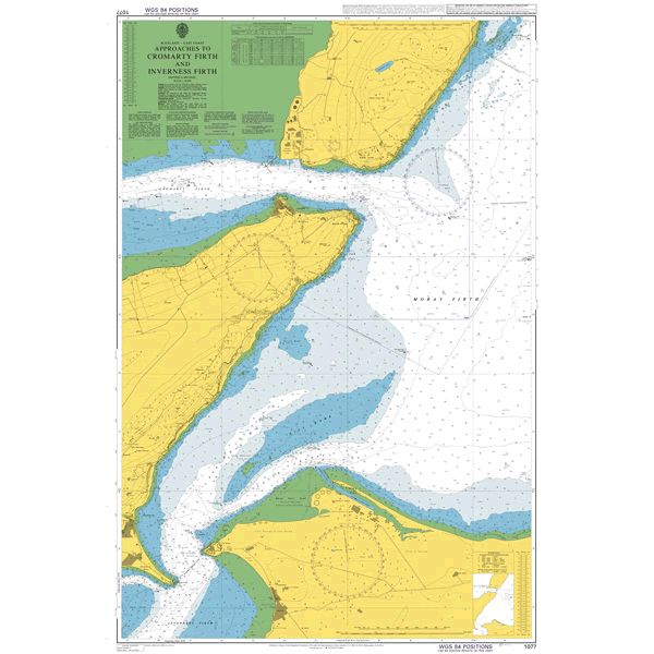 Product image of Admiralty Chart 1077 | Approaches to Cromarty Firth and Inverness Firth, featuring navigational markings, depth soundings, and coastal features, essential for safe marine navigation. It could be displayed as an art piece or used for navigation on a boat or ship.