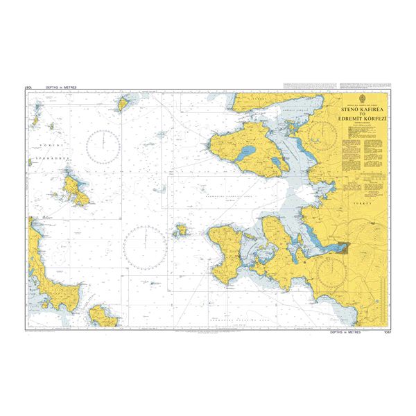 Product image of Admiralty Chart 1087 | Steno Kafirea to Edremit Korfezi, featuring navigational markings, depth soundings, and coastal features, essential for safe marine navigation. It could be displayed as an art piece or used for navigation on a boat or ship.