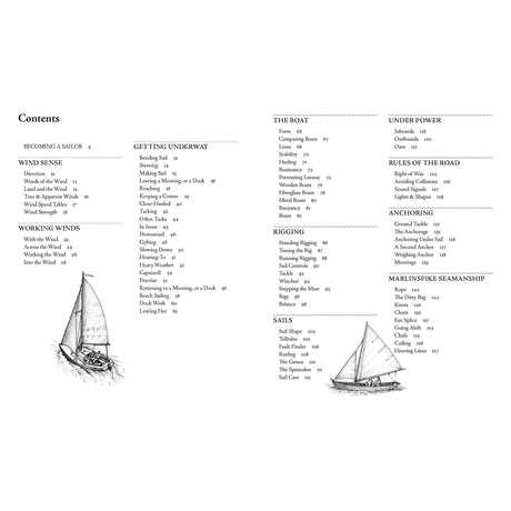 Sailing: A Beginner's Guide" by Adlard Coles includes a table of contents with sections on becoming a sailor, wind sense, working winds, getting underway, the boat, rigging, sails, under power navigation rules, anchoring, marlinspike seamanship plus illustrated boats and small boat handling tips.