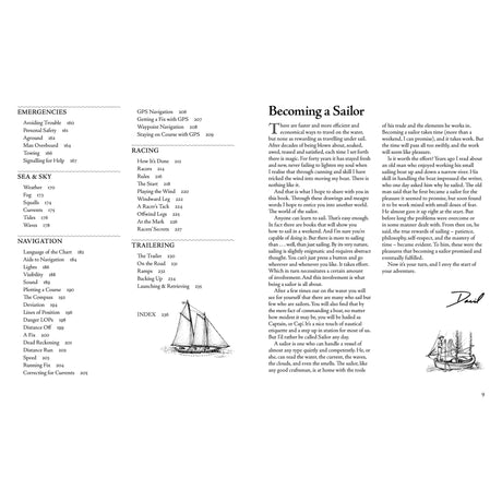 Explore "Sailing: A Beginner's Guide" by Adlard Coles, a black and white nautical-themed resource featuring sailboat illustrations. It includes sections on emergencies, sea & sky, racing, and the essay “Becoming a Sailor” for beginners, signed by David.