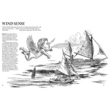 A whimsical, monochromatic depiction features a cherubic figure with wings blowing wind towards sailing ships, capturing the essence of "Sailing: A Beginner's Guide" by Adlard Coles. The scene includes text about wind and boats, along with a buoy in the foreground.