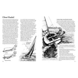 A two-page spread from "Sailing: A Beginner's Guide" by Adlard Coles features a left page on "Close-Hauled" with sailboat diagrams and vectors, focusing on fundamentals. The right page, "The Ever-Changing Wind," illustrates small boat handling with a drawing of two people sailing.