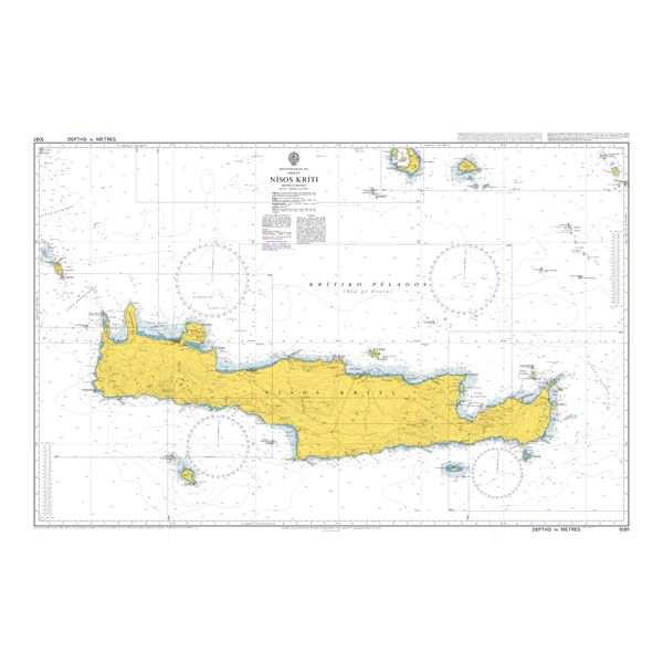 Product image of Admiralty Chart 1091 | Nisos Kriti, featuring navigational markings, depth soundings, and coastal features, essential for safe marine navigation. It could be displayed as an art piece or used for navigation on a boat or ship.