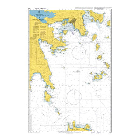 Product image of Admiralty Chart 1093 | Steno Antikythiron to Steno Kafirea, featuring navigational markings, depth soundings, and coastal features, essential for safe marine navigation. It could be displayed as an art piece or used for navigation on a boat or ship.