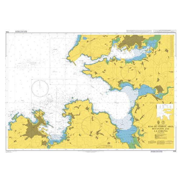 Product image of Admiralty Chart 1094 | Rias de Ferrol, Ares, Betanzos and La Coruna, featuring navigational markings, depth soundings, and coastal features, essential for safe marine navigation. It could be displayed as an art piece or used for navigation on a boat or ship.