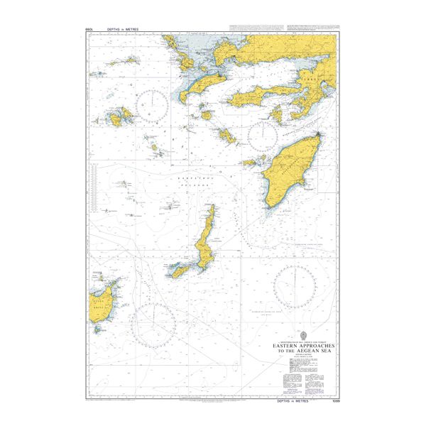 Product image of Admiralty Chart 1099 | Eastern Approaches to the Aegean Sea, featuring navigational markings, depth soundings, and coastal features, essential for safe marine navigation. It could be displayed as an art piece or used for navigation on a boat or ship.