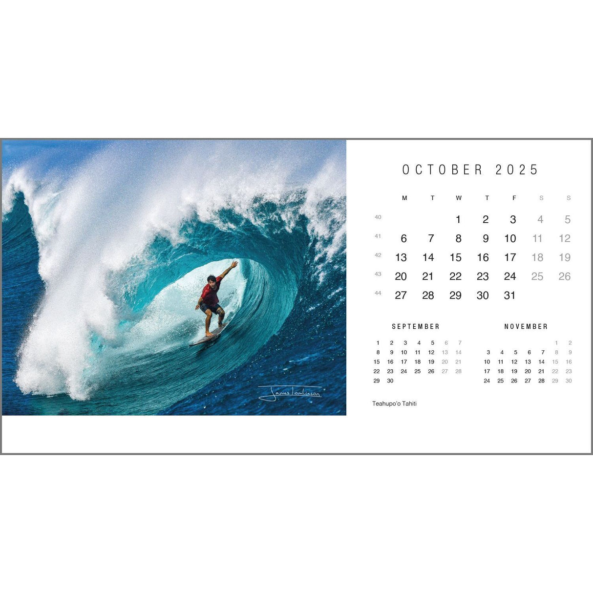 The October 2025 page of the Rick Tomlinson Desk Calendar, crafted by renowned yachting photographer Rick Tomlinson and presented by Rick Tomlinson Photography, captures a surfer mastering Teahupo'o's majestic waves. This captivating image accompanies the calendar section featuring dates for September and November.