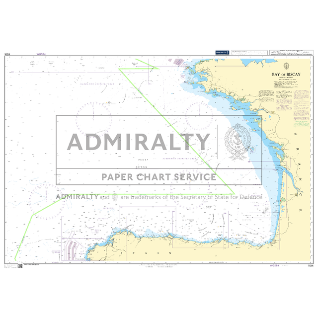 Product image of Admiralty Chart 1104 | Bay of Biscay, featuring navigational markings, depth soundings, and coastal features, essential for safe marine navigation. It could be displayed as an art piece or used for navigation on a boat or ship.