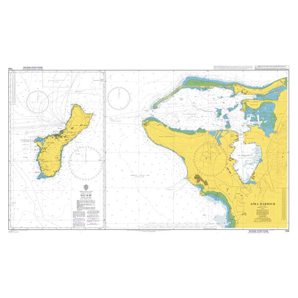 Product image of Admiralty Chart 1109 | Guam, featuring navigational markings, depth soundings, and coastal features, essential for safe marine navigation. It could be displayed as an art piece or used for navigation on a boat or ship.