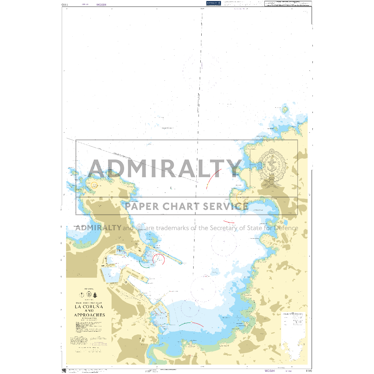 Product image of Admiralty Chart 1110 | La Coruna and Approaches, featuring navigational markings, depth soundings, and coastal features, essential for safe marine navigation. It could be displayed as an art piece or used for navigation on a boat or ship.