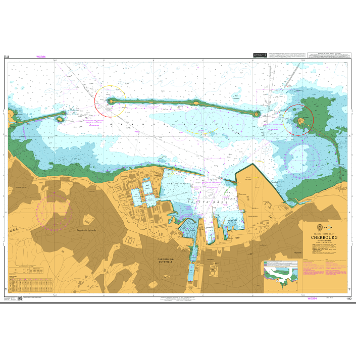 Product image of Admiralty Chart 1112 | Cherbourg, featuring navigational markings, depth soundings, and coastal features, essential for safe marine navigation. It could be displayed as an art piece or used for navigation on a boat or ship.