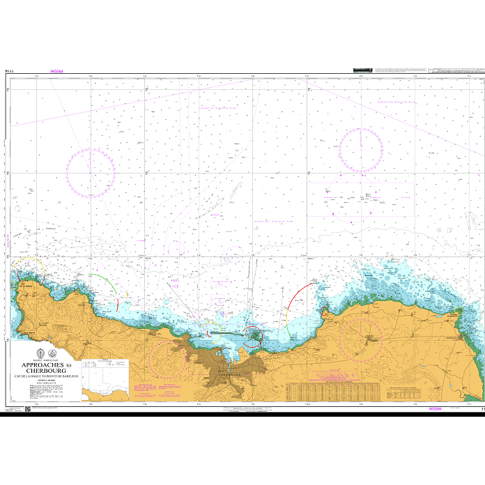 Product image of Admiralty Chart 1114 | Approaches to Cherbourg Cap de la Hague to Pointe de Barfleur, featuring navigational markings, depth soundings, and coastal features, essential for safe marine navigation. It could be displayed as an art piece or used for navigation on a boat or ship.