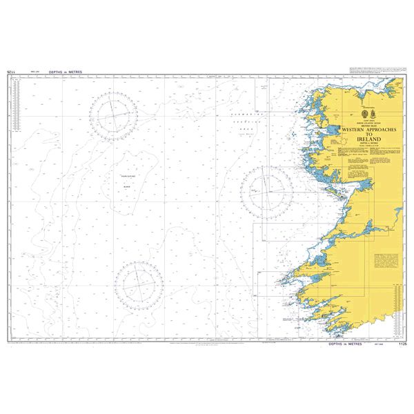 Product image of Admiralty Chart 1125 | Western Approaches to Ireland, featuring navigational markings, depth soundings, and coastal features, essential for safe marine navigation. It could be displayed as an art piece or used for navigation on a boat or ship.