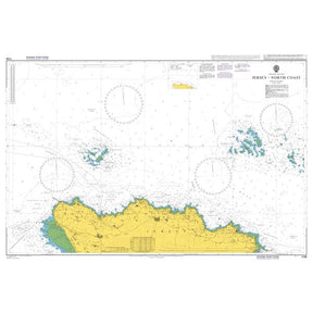 Product image of Admiralty Chart 1136 | Jersey - North Coast, featuring navigational markings, depth soundings, and coastal features, essential for safe marine navigation. It could be displayed as an art piece or used for navigation on a boat or ship.