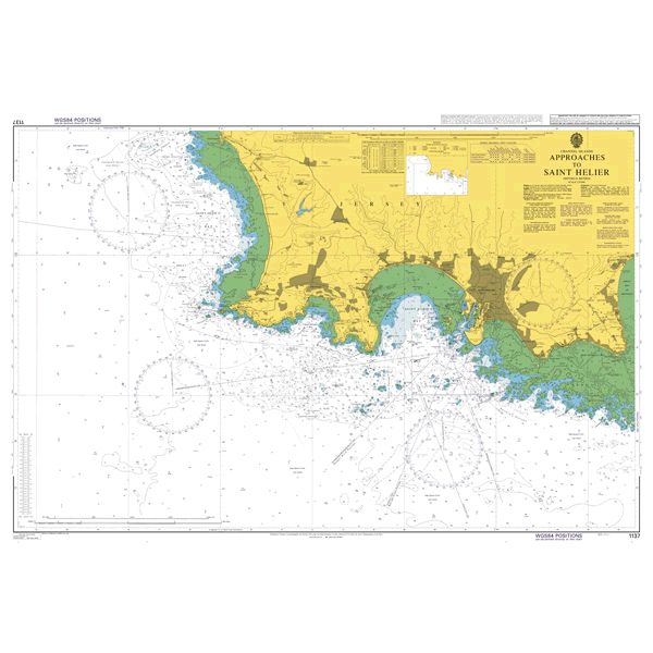 Product image of Admiralty Chart 1137 | Approaches to Saint Helier, featuring navigational markings, depth soundings, and coastal features, essential for safe marine navigation. It could be displayed as an art piece or used for navigation on a boat or ship.