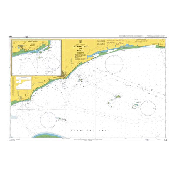 Product image of Admiralty Chart 1143 | Luchaogang to Zhapu, featuring navigational markings, depth soundings, and coastal features, essential for safe marine navigation. It could be displayed as an art piece or used for navigation on a boat or ship.