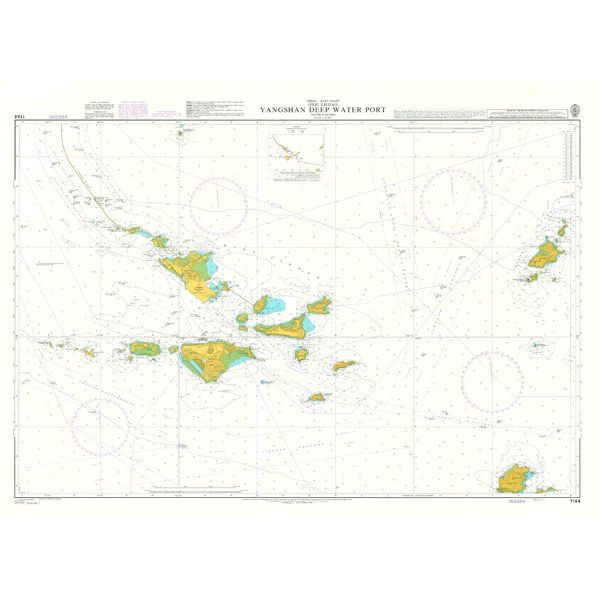 Product image of Admiralty Chart 1144 | Yangshan Deep Water Port, featuring navigational markings, depth soundings, and coastal features, essential for safe marine navigation. It could be displayed as an art piece or used for navigation on a boat or ship.