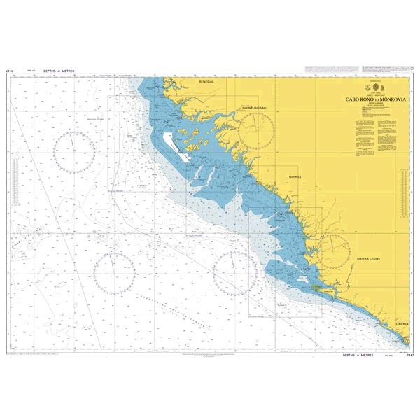 Product image of Admiralty Chart 1147 | Cabo Roxo to Monrovia, featuring navigational markings, depth soundings, and coastal features, essential for safe marine navigation. It could be displayed as an art piece or used for navigation on a boat or ship.