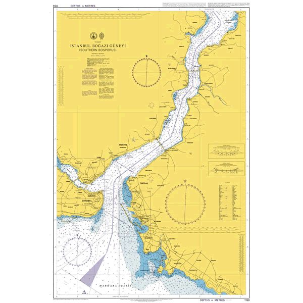 Product image of Admiralty Chart 1159 | Istanbul Bogazi Guneyi (Southern Bosporos), featuring navigational markings, depth soundings, and coastal features, essential for safe marine navigation. It could be displayed as an art piece or used for navigation on a boat or ship.