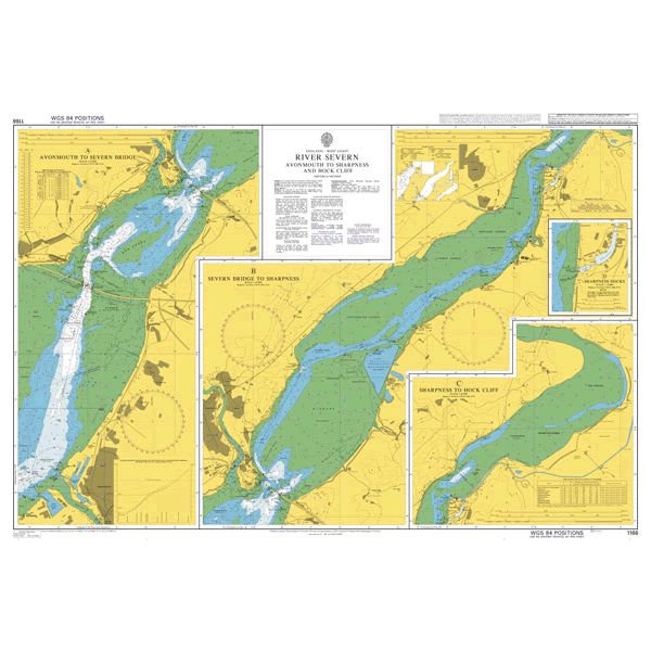 Product image of Admiralty Chart 1166 | River Severn Avonmouth to Sharpness and Hock Cliff, featuring navigational markings, depth soundings, and coastal features, essential for safe marine navigation. It could be displayed as an art piece or used for navigation on a boat or ship.