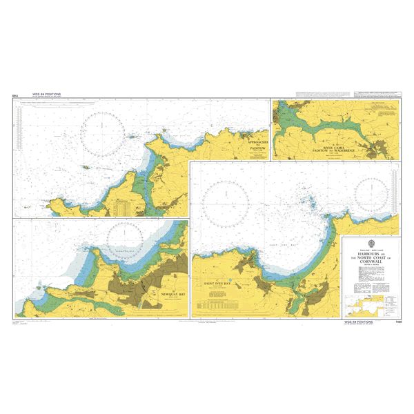 Product image of Admiralty Chart 1168 | Harbours on the North Coast of Cornwall, featuring navigational markings, depth soundings, and coastal features, essential for safe marine navigation. It could be displayed as an art piece or used for navigation on a boat or ship.