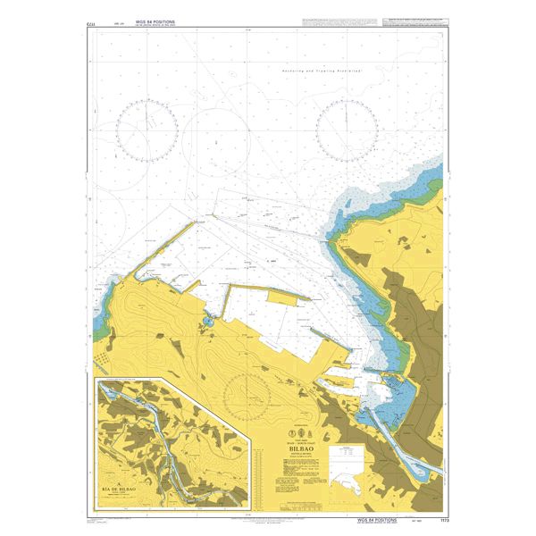 Product image of Admiralty Chart 1173 | Bilbao, featuring navigational markings, depth soundings, and coastal features, essential for safe marine navigation. It could be displayed as an art piece or used for navigation on a boat or ship.