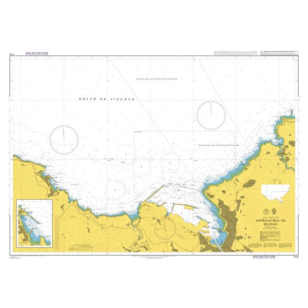 Product image of Admiralty Chart 1174 | Approaches to Bilbao, featuring navigational markings, depth soundings, and coastal features, essential for safe marine navigation. It could be displayed as an art piece or used for navigation on a boat or ship.