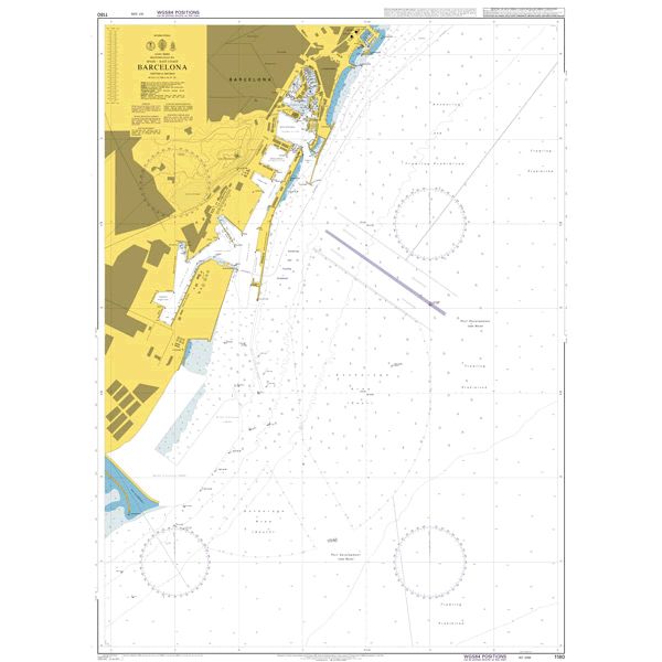 Product image of Admiralty Chart 1180 | Barcelona, featuring navigational markings, depth soundings, and coastal features, essential for safe marine navigation. It could be displayed as an art piece or used for navigation on a boat or ship.