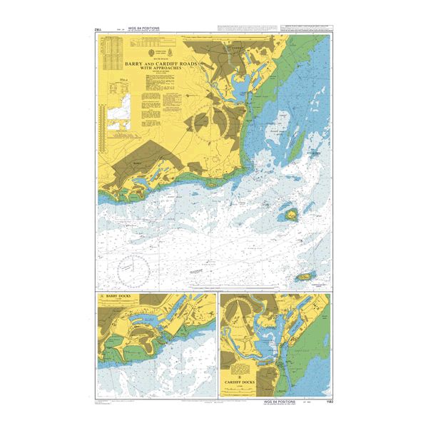 Product image of Admiralty Chart 1182 | Barry and Cardiff Roads with Approaches, featuring navigational markings, depth soundings, and coastal features, essential for safe marine navigation. It could be displayed as an art piece or used for navigation on a boat or ship.