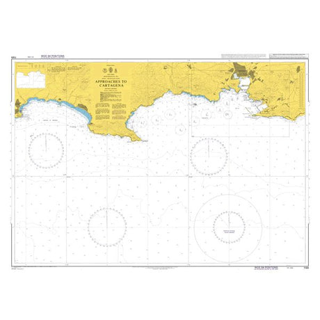 Product image of Admiralty Chart 1189 | Approaches to Cartagena, featuring navigational markings, depth soundings, and coastal features, essential for safe marine navigation. It could be displayed as an art piece or used for navigation on a boat or ship.