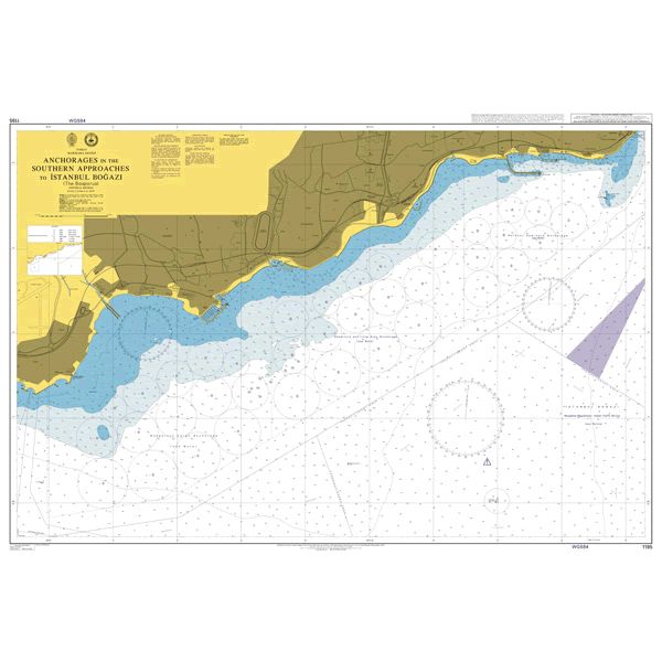 Product image of Admiralty Chart 1195 | Anchorages in the Southern Approaches to Istanbul Bogazi (The Bosporus), featuring navigational markings, depth soundings, and coastal features, essential for safe marine navigation. It could be displayed as an art piece or used for navigation on a boat or ship.