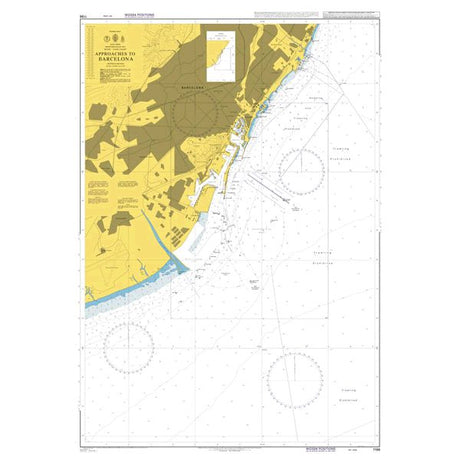 Product image of Admiralty Chart 1196 | Approaches to Barcelona, featuring navigational markings, depth soundings, and coastal features, essential for safe marine navigation. It could be displayed as an art piece or used for navigation on a boat or ship.