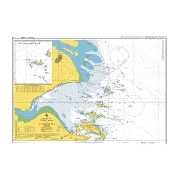 Product image of Admiralty Chart 1199 | Ningbo Gang to Changjiang Kou, featuring navigational markings, depth soundings, and coastal features, essential for safe marine navigation. It could be displayed as an art piece or used for navigation on a boat or ship.