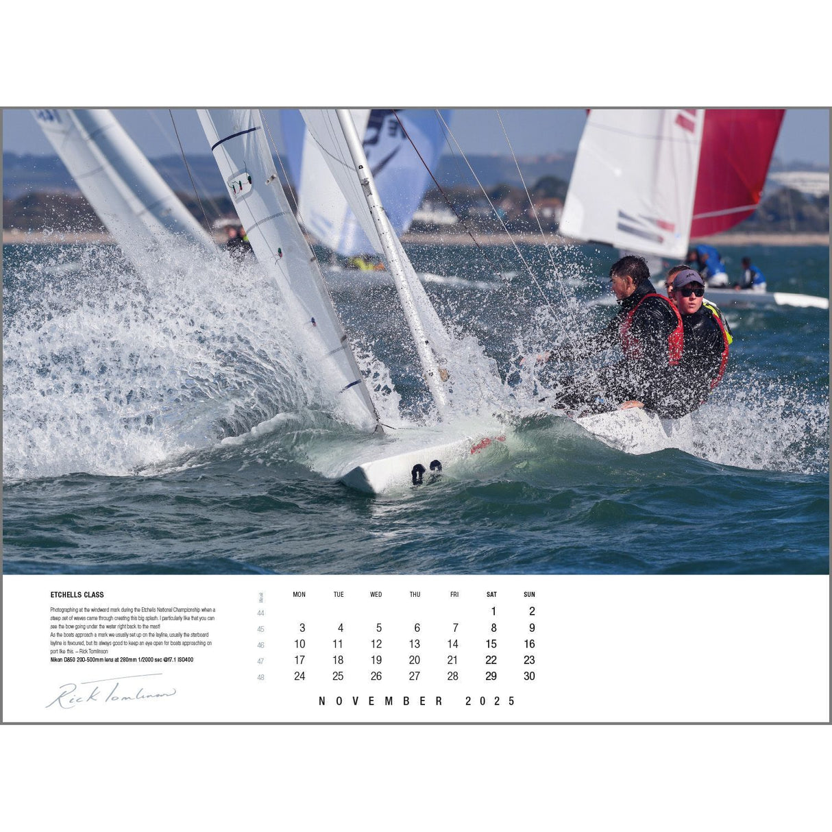 Two individuals navigate a small boat through turbulent waters in this captivating sailing photograph. As waves crash energetically and the boat tilts, the image beautifully captures both motion and serenity. Highlighted in the Rick Tomlinson Portfolio Calendar 2025 by Rick Tomlinson Photography, it encapsulates the spirit of a November 2025 journey.