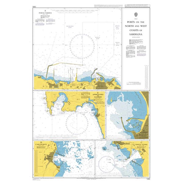 Product image of Admiralty Chart 1202 | Ports on the North and West Coasts of Sardegna, featuring navigational markings, depth soundings, and coastal features, essential for safe marine navigation. It could be displayed as an art piece or used for navigation on a boat or ship.