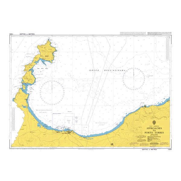 Product image of Admiralty Chart 1204 | Approaches to Porto Torres, featuring navigational markings, depth soundings, and coastal features, essential for safe marine navigation. It could be displayed as an art piece or used for navigation on a boat or ship.