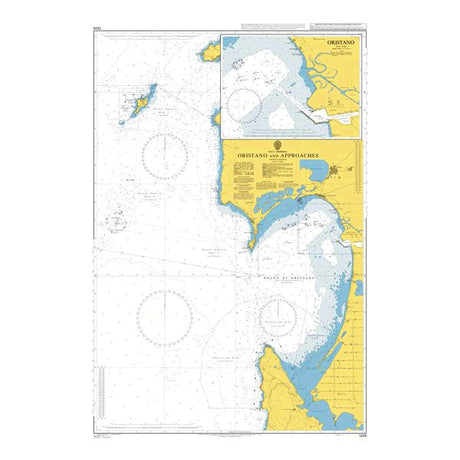 Product image of Admiralty Chart 1205 | Oristano and Approaches, featuring navigational markings, depth soundings, and coastal features, essential for safe marine navigation. It could be displayed as an art piece or used for navigation on a boat or ship.