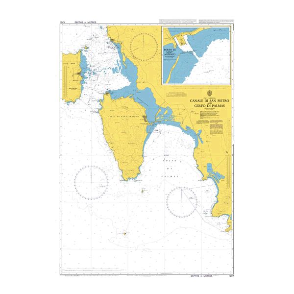 Product image of Admiralty Chart 1207 | Canale di San Pietro and Golfo di Palmas, featuring navigational markings, depth soundings, and coastal features, essential for safe marine navigation. It could be displayed as an art piece or used for navigation on a boat or ship.