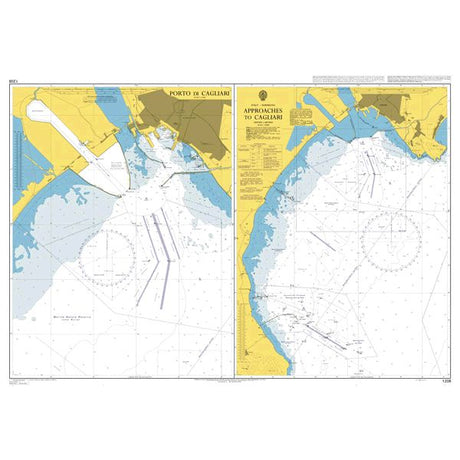 Product image of Admiralty Chart 1208 | Approaches to Cagliari, featuring navigational markings, depth soundings, and coastal features, essential for safe marine navigation. It could be displayed as an art piece or used for navigation on a boat or ship.