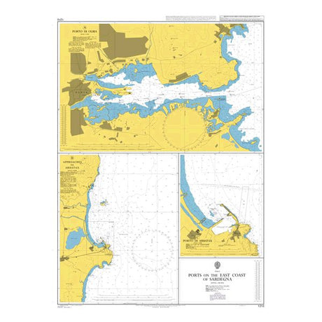 Product image of Admiralty Chart 1210 | Ports on the East Coast of Sardegna, featuring navigational markings, depth soundings, and coastal features, essential for safe marine navigation. It could be displayed as an art piece or used for navigation on a boat or ship.