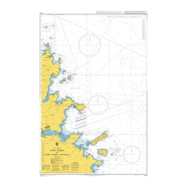 Product image of Admiralty Chart 1211 | Capo Ferro to Capo Coda Cavallo, featuring navigational markings, depth soundings, and coastal features, essential for safe marine navigation. It could be displayed as an art piece or used for navigation on a boat or ship.