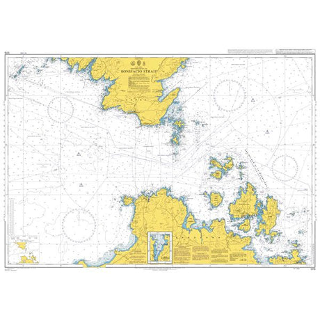 Product image of Admiralty Chart 1213 | Bonifacio Strait, featuring navigational markings, depth soundings, and coastal features, essential for safe marine navigation. It could be displayed as an art piece or used for navigation on a boat or ship.