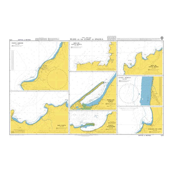 Product image of Admiralty Chart 1215 | Plans on the Coast of Angola, featuring navigational markings, depth soundings, and coastal features, essential for safe marine navigation. It could be displayed as an art piece or used for navigation on a boat or ship.