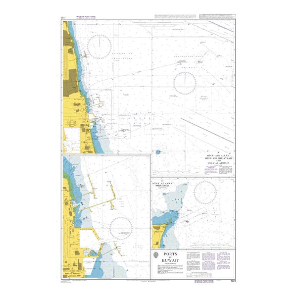 Product image of Admiralty Chart 1223 | Ports in Kuwait, featuring navigational markings, depth soundings, and coastal features, essential for safe marine navigation. It could be displayed as an art piece or used for navigation on a boat or ship.